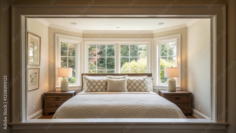 Poster a medium closeup of an open bedroom window framing a recessed bed frame allowing natural light to po