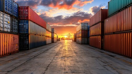 Fototapeta premium Freight operations at a sea port terminal oceanfront medium shot evening atmosphere dynamic scene
