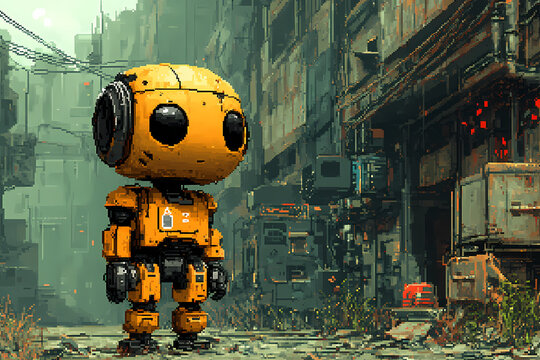 Description: A pixel art animation of a retro video game character roaming a futuristic cyber world, featuring neon lights, towering skyscrapers, and glowing digital displays.