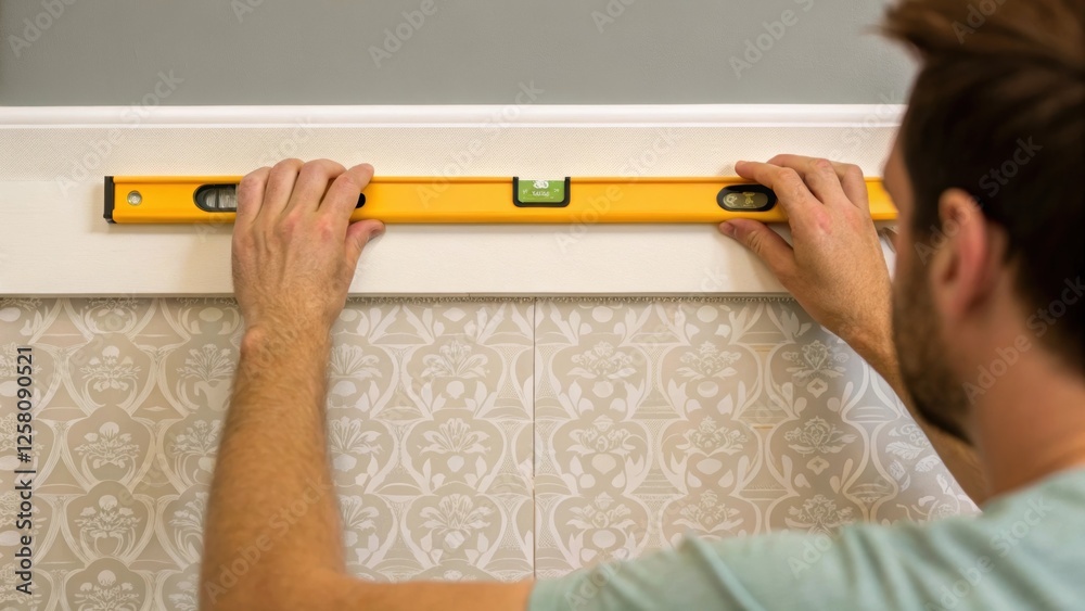 Poster A medium closeup of a person aligning the top edge of a wallpaper panel with a level demonstrating the importance of accuracy in achieving a seamless look.