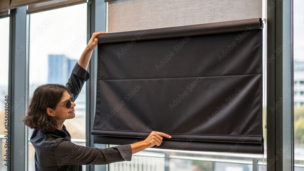 Leinwandbilder a medium closeup of a person holding a sleek blackout shade with a rich fabric texture visible as th