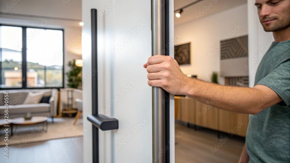 Poster A medium closeup of a person gripping a handle on a stylish partition demonstrating the ease of repositioning the wall to create a new living space.