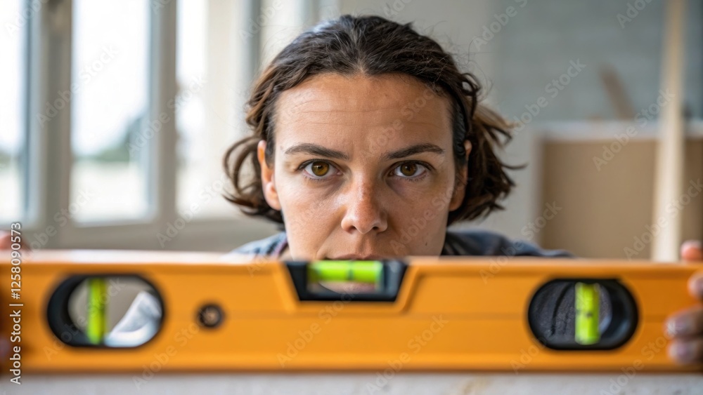 Aufkleber A medium closeup of a persons face concentrating on leveling a shade with a spirit level in hand capturing their focused expression against a blurred background of the room.