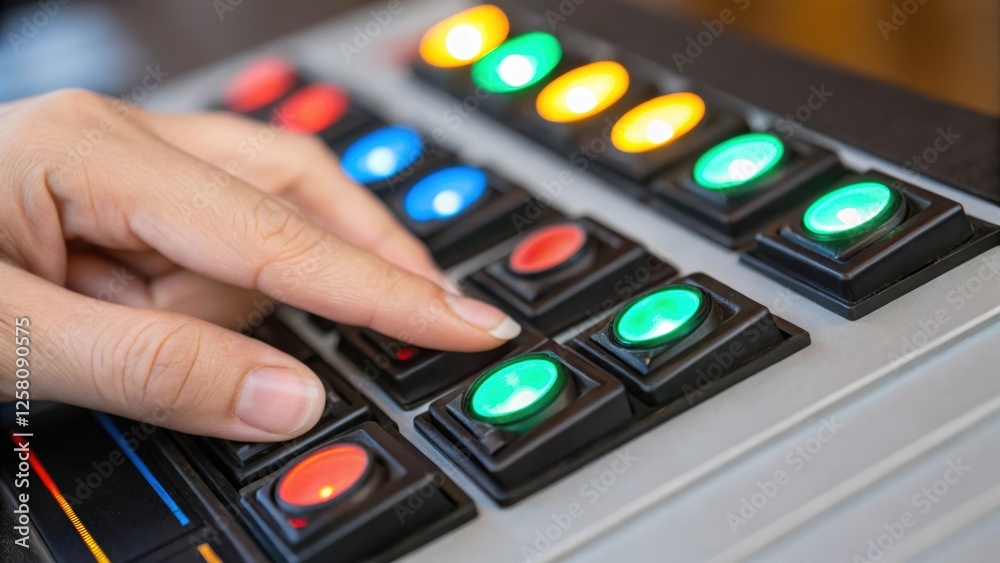 Poster a medium closeup of a persons fingers interacting with multiple touch switches showcasing different 