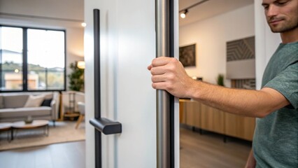 A medium closeup of a person gripping a handle on a stylish partition demonstrating the ease of repositioning the wall to create a new living space.