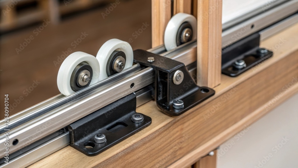 Poster a medium closeup of a pocket door sliding mechanism showcasing the rollers and bracket attachments t
