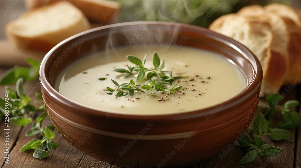 Poster A steaming bowl of soup surrounded by fresh herbs and bread on a rustic wooden table, evoking warmth and comfort.
