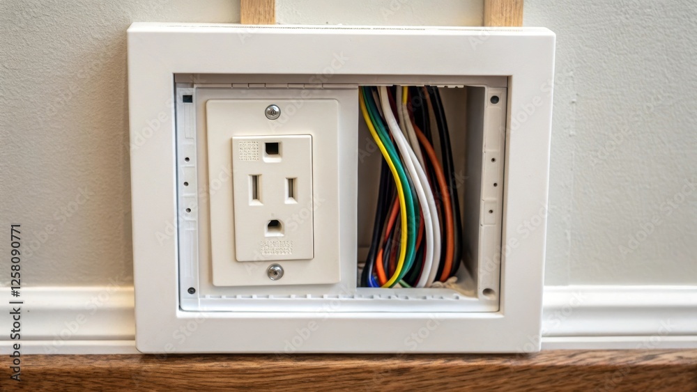Poster a medium closeup of a recessed outlet partially installed into the wall revealing the clean lines of