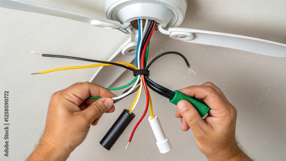 Poster A medium closeup of a persons hands connecting electrical wires with colorful wires black white green visible as they prepare to install a ceiling fan light fixture.