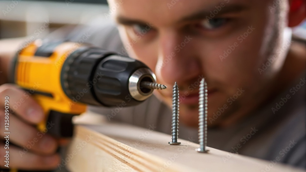 Poster a medium closeup of a person tightening screws with a handheld screwdriver captured at an angle that