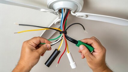 A medium closeup of a persons hands connecting electrical wires with colorful wires black white green visible as they prepare to install a ceiling fan light fixture.