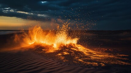 Fiery eruption on desert beach at sunset.