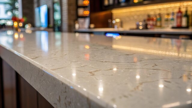 A medium closeup of a polished quartz countertop with subtle ing reflecting vibrant ambient light and showcasing its luxurious texture.