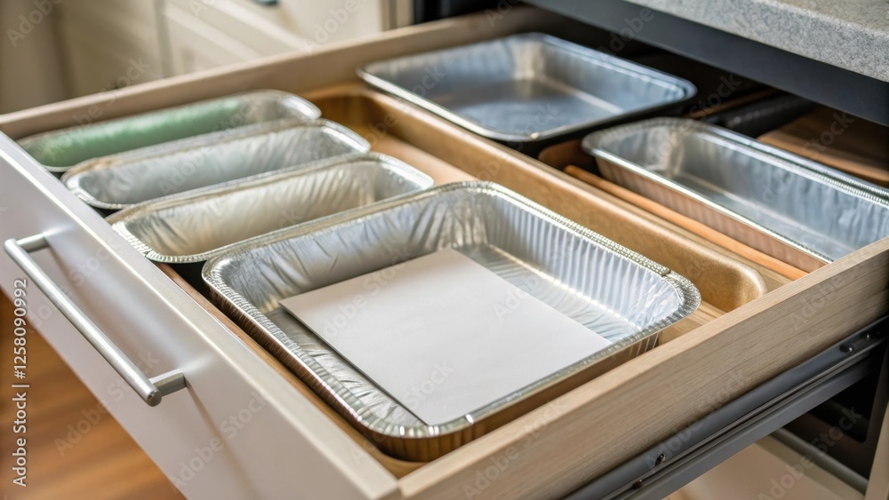 Poster A medium closeup of a shallow drawer filled with ting boards and baking sheets emphasizing clever storage solutions that fit into limited space.