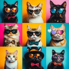 Funny Cat Meme Collage with Accessories, colorful vibrant image grid collection