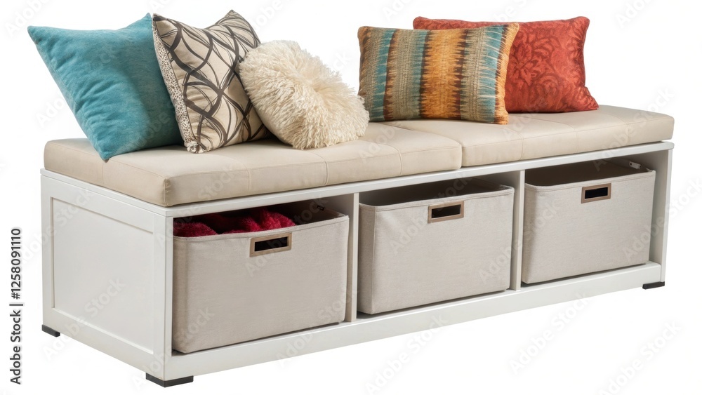 Poster a medium closeup of a sleek modern bench with builtin storage compartments beneath adorned with plus