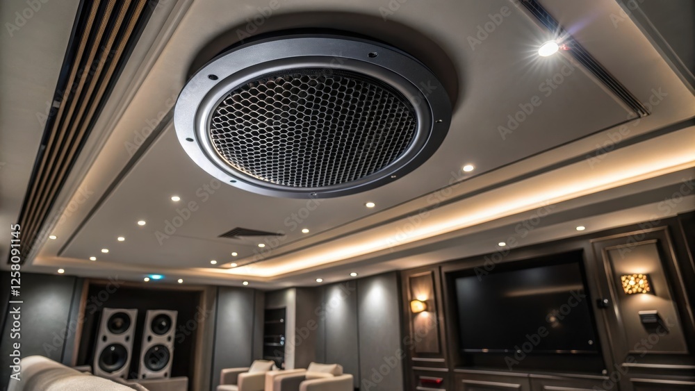 Poster a medium closeup of a sleek round ceiling speaker its metal grille reflecting ambient light enhancin