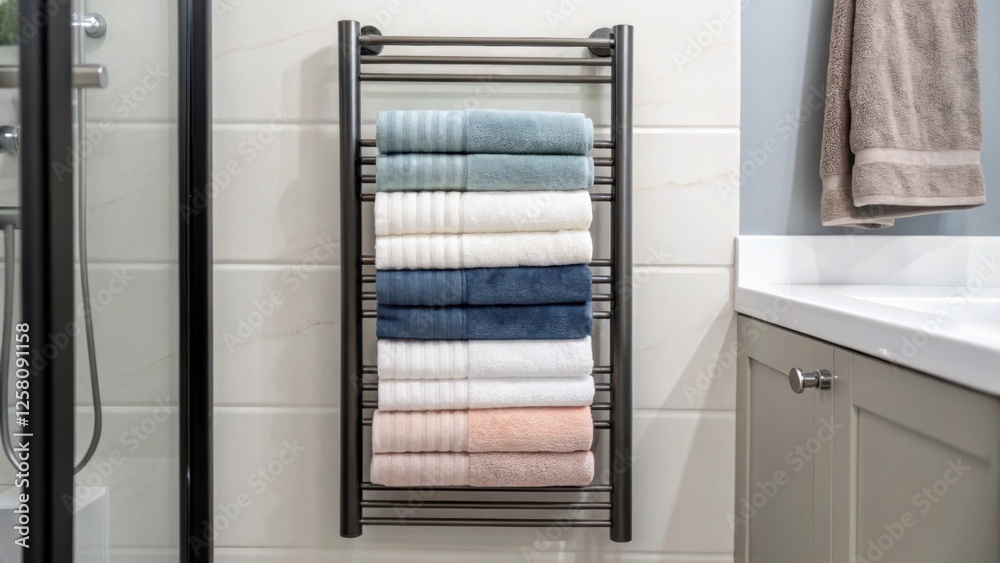 Poster A medium closeup of a sleek towel rack mounted above the utilizing vertical space while showcasing neatly folded towels in coordinating colors.