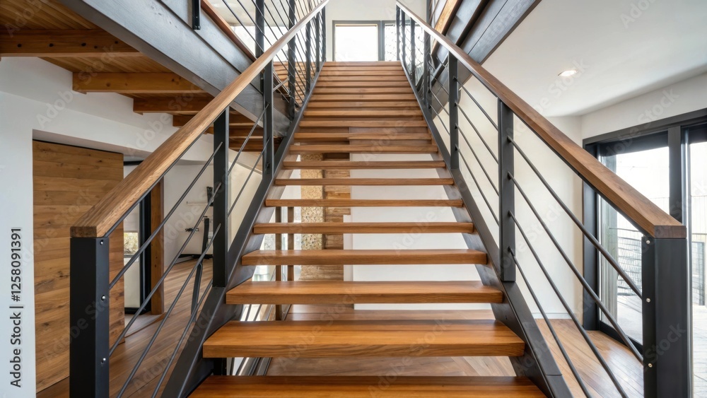 Poster a medium closeup of a staircase with open risers made of wood and metal emphasizing the airy feel an