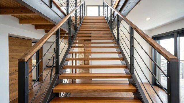 A medium closeup of a staircase with open risers made of wood and metal emphasizing the airy feel and seamless flow of space in the loft.