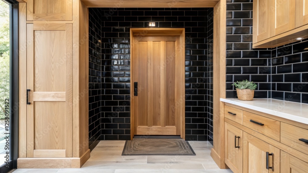 Poster a medium closeup of a stylish entryway featuring a glossy black subway tile accent wall that contras