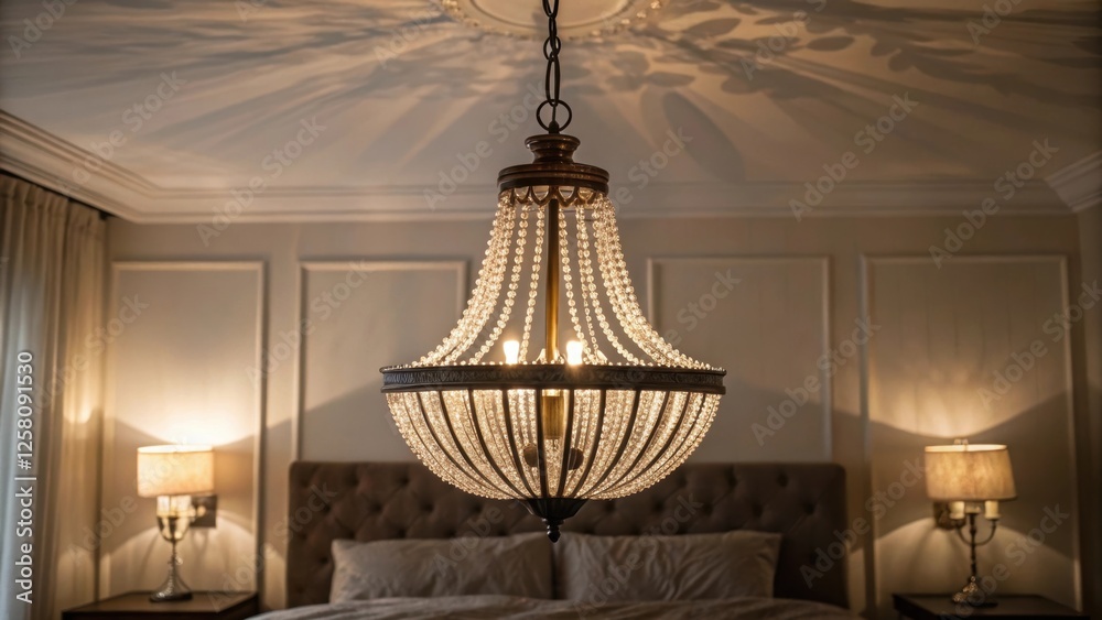 Poster A medium closeup of a stylish chandelier hanging from the ceiling casting subtle shadows on the walls with the dimmer switch being adjusted to reveal the warm glow illuminating the