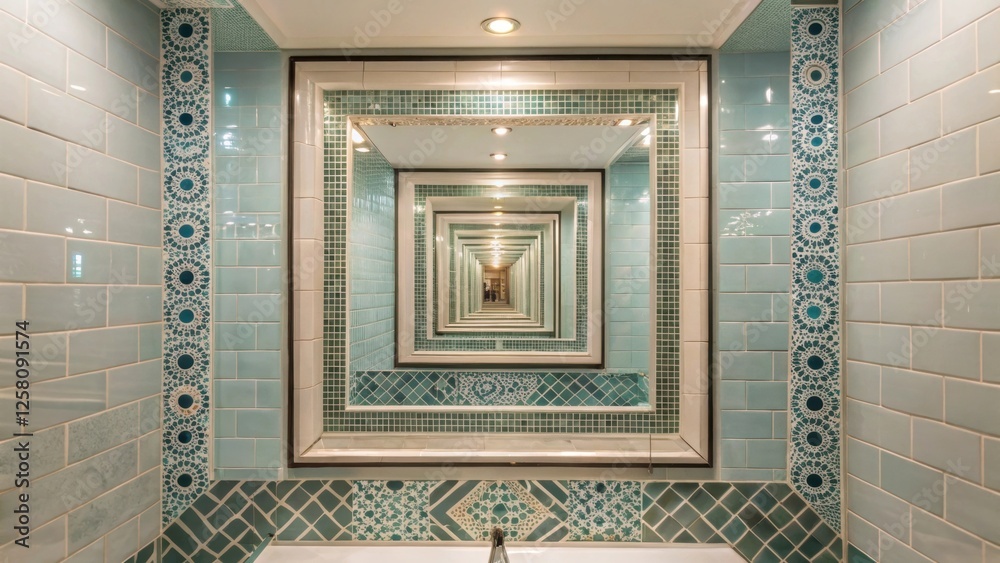 Poster A medium closeup of a stylishly tiled shower area featuring infinity mirrors on the back wall reflecting intricate tile patterns and creating an illusion of expanded space.