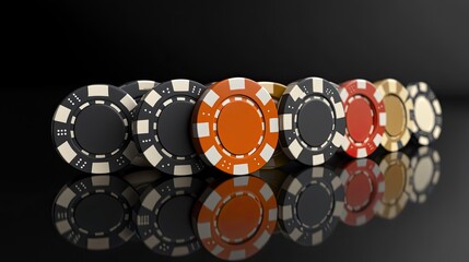 Casino chips laid in a line on a black background, symbolizing high-end gambling, poker, and luxury gaming experiences, perfect for an online casino advertisement.