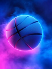 Fototapeta premium Glowing Neon Basketball in Smoke - A vibrant blue basketball illuminated by neon lights, encircled by purple and blue smoke. Symbolizing energy, competition, victory, dynamism, and aspiration