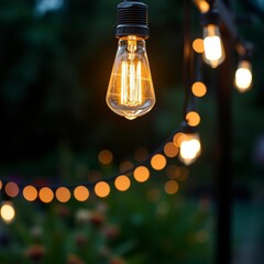 Incandescent light bulb hanging in a garden Bokeh light lights background bokeh abstract light bright effect shiny