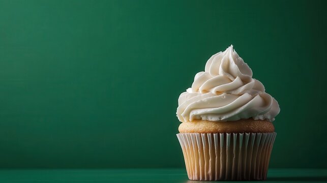 A charming cupcake showcases beautifully swirled frosting against a dark green backdrop, enticing the viewer with its delightful visual appeal, celebrating whimsy and flavor.