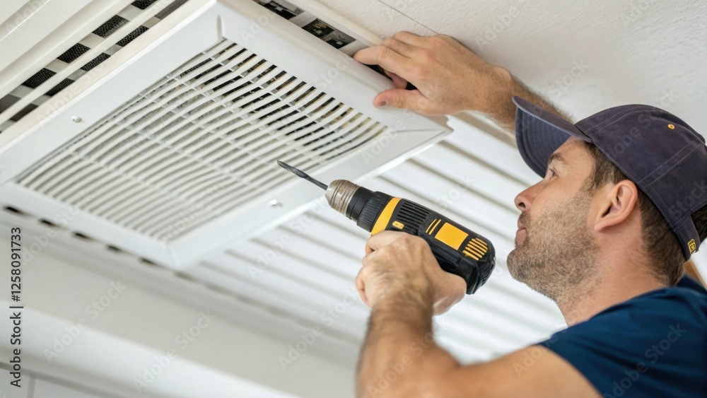 Aufkleber A medium closeup of a technician using a screwdriver to secure a recessed air vent to the ceiling with focus on the craftsmanship and attention to detail.
