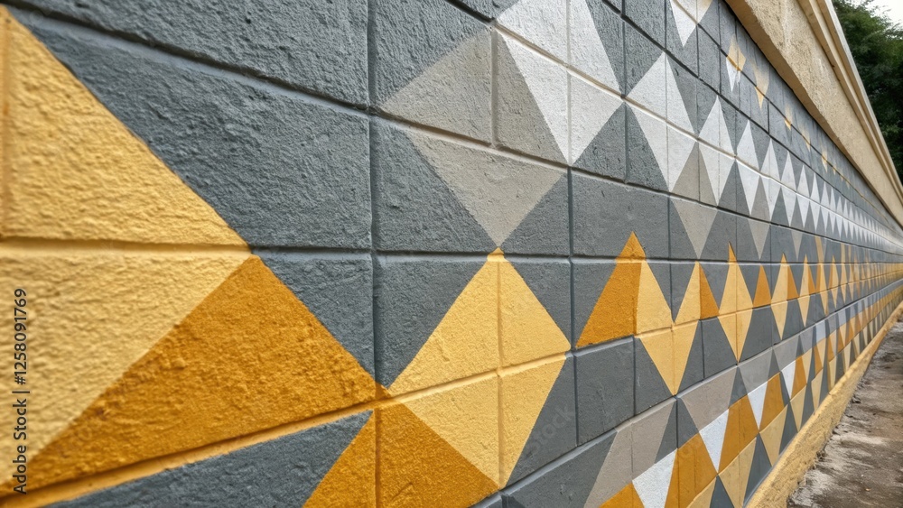 Poster a medium closeup of a textured wall with geometric patterns being painted in alternating shades of g