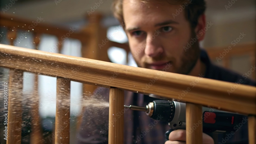 Poster a medium closeup of a technician drilling into the wooden handrail dust particles hanging in the air