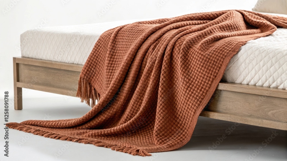 Poster a medium closeup of a textured throw blanket elegantly draped over a recessed bed frame enhancing th