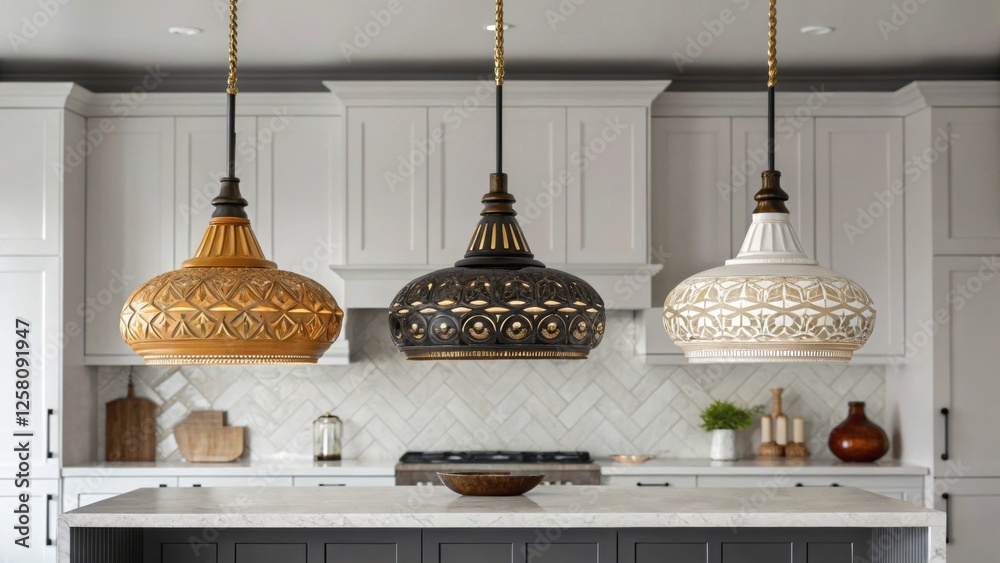 Poster a medium closeup of a trio of pendant fixtures with varying colors and shapes providing an eclectic 