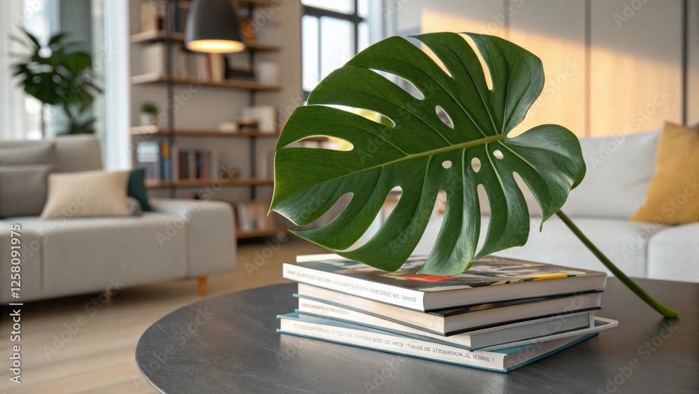 Aufkleber a medium closeup of a vibrant monstera leaf resting atop a stack of design books its iconic outs cre