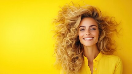An elegant woman with long, wavy curly hair smiles broadly while wearing a yellow shirt, exuding charm and confidence against a sunny yellow backdrop that enhances her warmth.