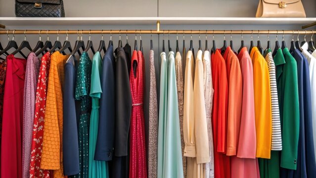 A medium closeup of a vibrant clothing rack filled with dresses and suits showcasing diverse styles and colors in the carefully curated walkin closet space.