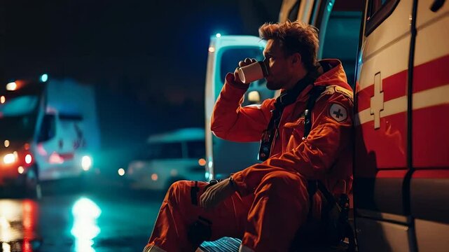 Dedicated paramedic sipping hot coffee during quiet night shift, standing near ambulance with flashing emergency lights illuminating urban street backdrop