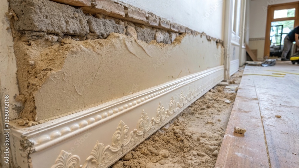 Poster A medium closeup of a wall halfway through renovation revealing layers of rough base plaster and the smooth decorative finish beginning to emerge at the edges.