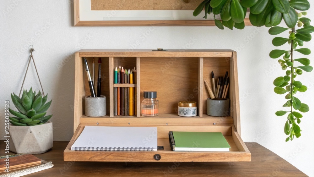 Poster a medium closeup of a wallmounted desk with a hidden compartment open revealing a collection of art 