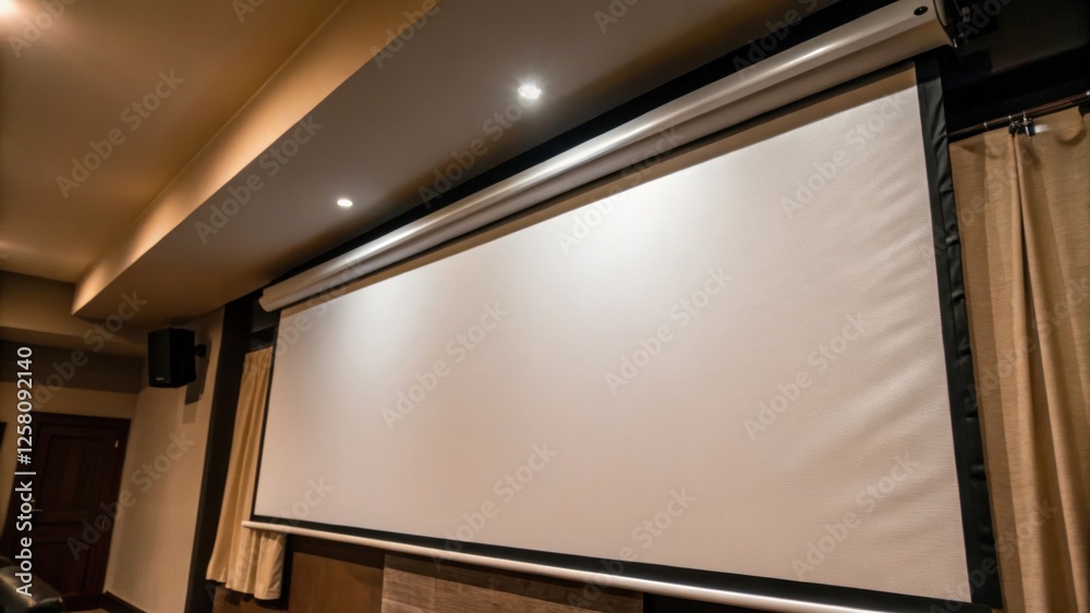 Poster a medium closeup of a wallmounted large projection screen being unrolled highlighting its smooth sur