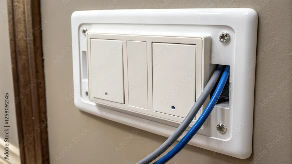 Poster a medium closeup of a wall plate cover fitting snugly over a cable exit completing the installation 