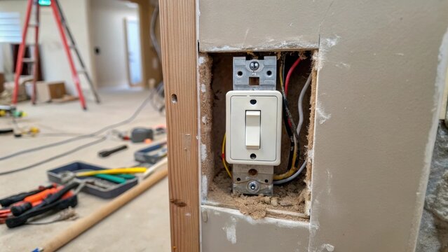A medium closeup of a wall in process of renovation featuring exposed wiring and a partially removed switch plate highlighting the transformation.