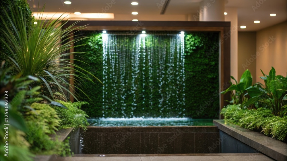 Poster a medium closeup of a water feature integrated into a green wall droplets sparkling in the light cre