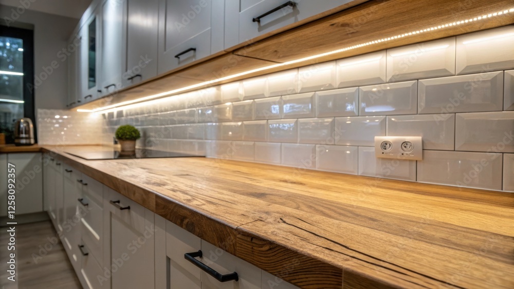 Poster a medium closeup of a wooden kitchen counter juxtaposed with a glossy ledlit backsplash displaying t