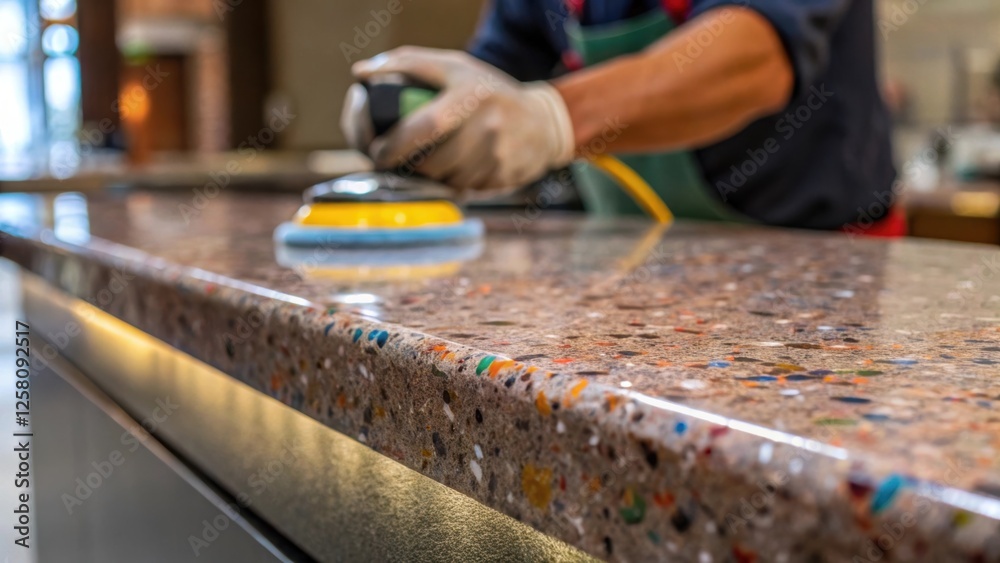 Poster A medium closeup of a worker polishing the edge of a quartz countertop revealing the glossy surface and intricate flecks of color embedded within.