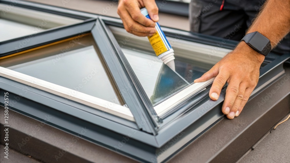 Poster A medium closeup of a workers hands applying weatherproof sealant around the edges of a skylight frame emphasizing the texture of the material and the precision of the task.