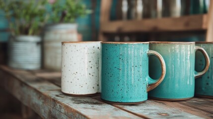 A vibrant display of colorful ceramic mugs, each featuring unique speckled designs, poised on a rustic wooden table, ready to serve your favorite warm beverages.